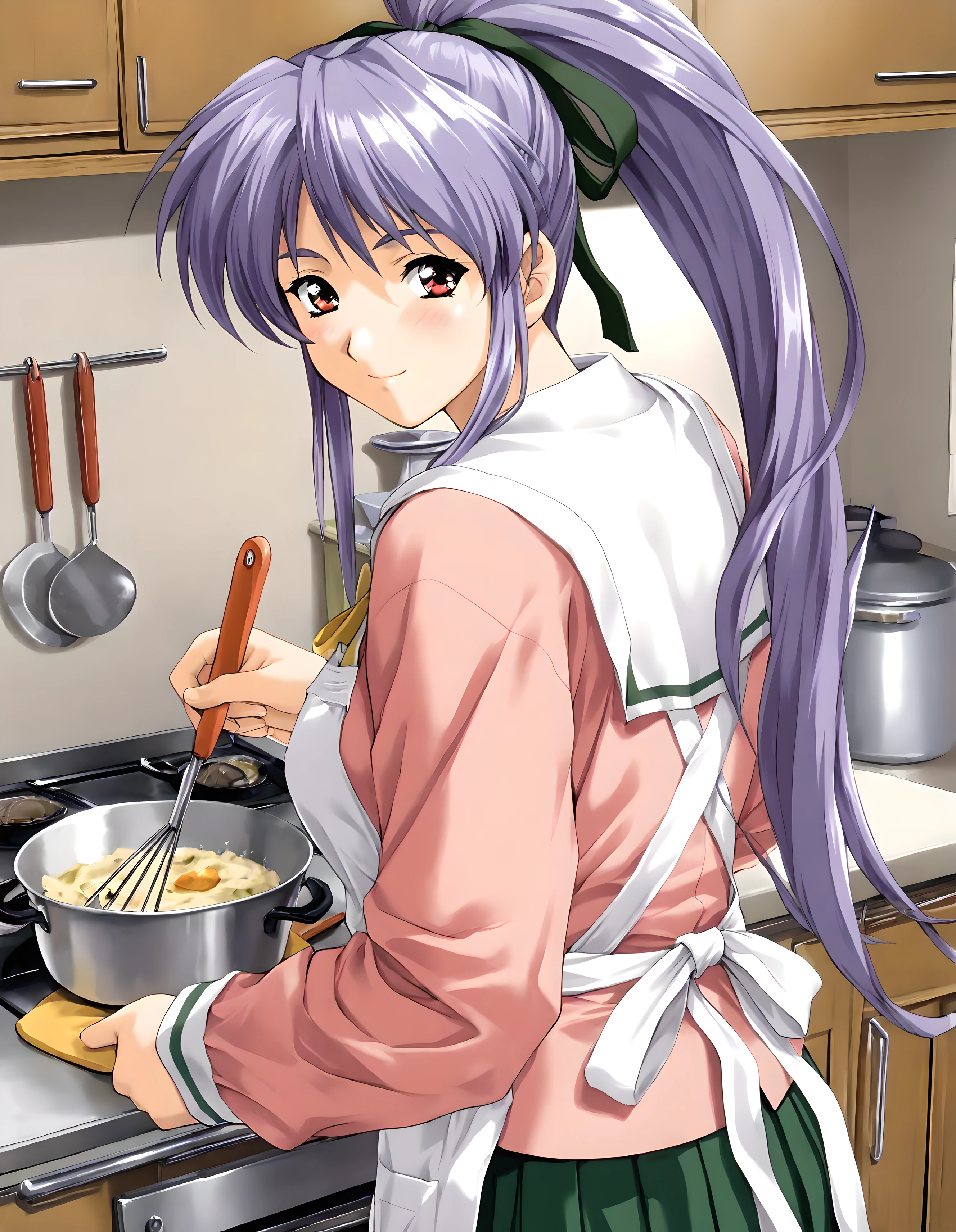 <lora:illustrious_XL_takabe_v2:0.8>,takabe,masterpiece,best quality,good quality,1girl,solo,apron,school uniform,pink serafuku,green skirt,indoors,kitchen,cooking,looking_at_viewer,from behind,looking_back,smile,