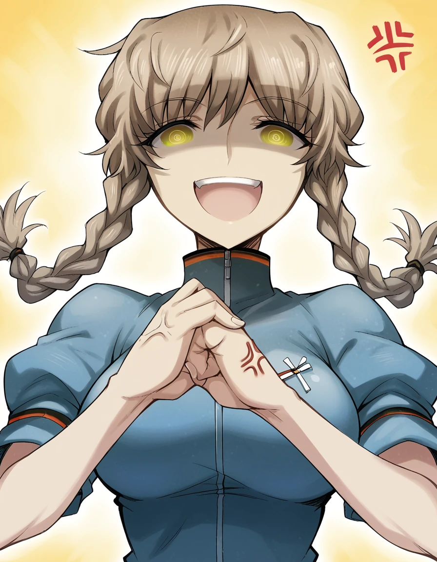 score_9, score_8_up, score_7_up, source_anime, <lora:suzuha-amane-ingame-ponyxl-lora-nochekaiser:1>, suzuha amane, bangs, brown hair, yellow eyes, braid, twin braids, mature female, medium breasts, <lora:cracking-knuckles-ponyxl-lora-nochekaiser:1>, cracking knuckles, shaded face, open mouth, looking at viewer, looking down, fist in hand, own hands together, anger vein, false smile, ,