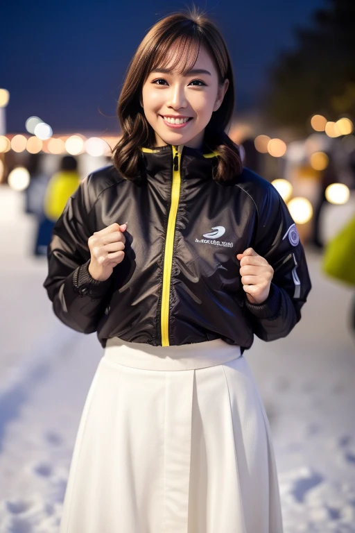 1girl,,(RAW photo, best quality), (realistic, photo-realistic:1.4), masterpiece, an extremely delicate and beautiful, extremely detailed, 2k wallpaper, Amazing, finely detail, extremely detailed CG unity 8k wallpaper, ultra-detailed, highres, soft light, beautiful detailed girl, extremely detailed eyes and face, beautiful detailed nose, beautiful detailed eyes,cinematic lighting,perfect anatomy,slender body
(at a park), (winter scenery),(snow park in the background), Sapporo Odori Park Winter Festival, festival lights (bokeh)
(wearing winter jacket) (long skirt)
(smile)
<lora:chest size:-1>
<lora:ishikawakasumi_lora:0.8>