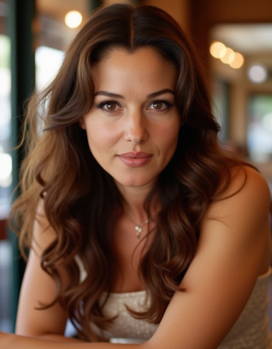 <lora:Monica_Bellucci_Flux:1> This a a beautiful photograph of a women standing in a cafe, subtle smile. looking at the viewer. She has long, wavy brown hair cascading over her shoulders and is wearing a wearing a dress. Her makeup is natural with a focus on her eyes, which are accentuated with dark eyeliner and mascara.
