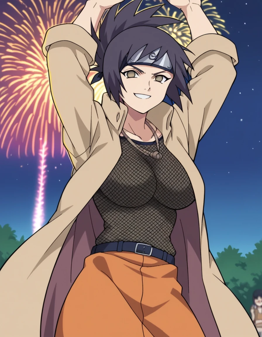 score_9, score_8_up, score_7_up, source_anime, <lora:anko-mitarashi-shippuden-ponyxl-lora-nochekaiser:1>, anko mitarashi, black hair, brown eyes, forehead protector, folded ponytail, large breasts, anime screepcap, blank eyes,, skirt, long sleeves, open clothes, belt, coat, fishnets, open coat, orange skirt, miniskirt, fishnet bodystocking, festival, fireworks, summer night, food stall, traditional, arms up, , smile, looking at viewer, solo,, cowboy shot, solo