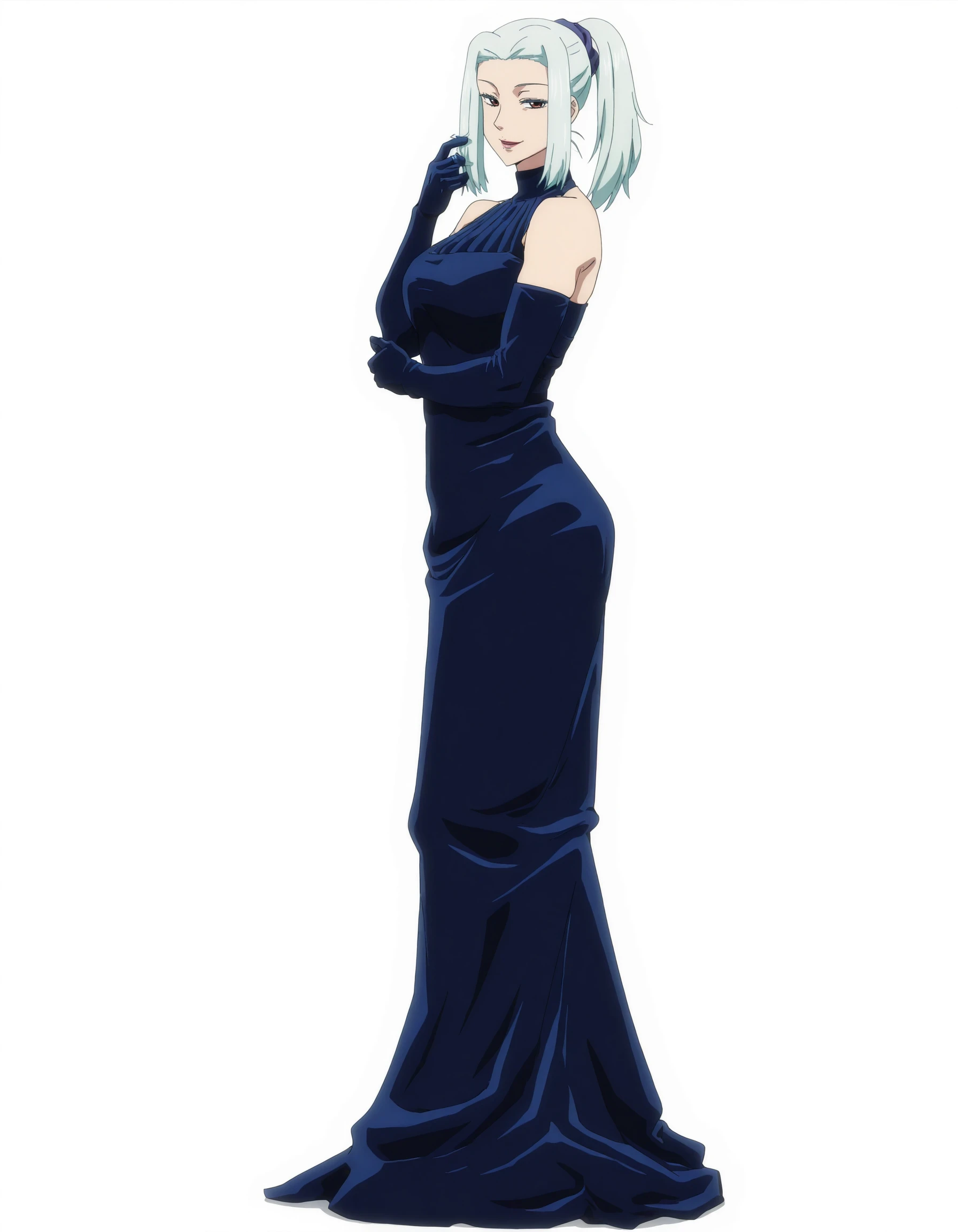 perfect composition, full body, solo, shadows, shading, <lora:anime_screencap-Illustrious:0.65> anime screencap, anime coloring, very aesthetic, absurdres, zPDXL, <lora:Pony_DetailV2.0:0.5> <lora:illustrious_quality_modifiers_masterpieces_v1:1>
<lora:MeiMeiJJK_15redo:1> m31m31, 1girl, sidelocks, ponytail, hair tie, female focus, looking at viewer, smile, defined lips, posing for photo, playing with hair,
(muscles:0.7), <lora:StellaVelvetGownILL:0.8> blue dress, velvet dress, velvet elbow gloves, bare shoulders,
white background, simple background,