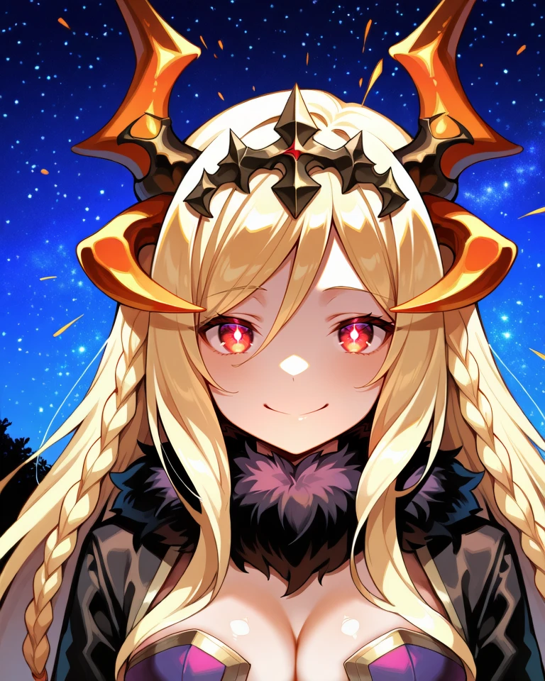 masterpiece, very aesthetic, absurdres, best quality, amazing quality, high resolution, newest, very awa, <lora:illustrious_quality_modifiers_masterpieces_v1:0.6> , looking at viewer, solo, <lora:Rize2IL:0.8> , rizdef, 1girl, red eyes, orange horns, long hair, blonde hair, braid, twin braids, fur collar, fancy headpiece, black coat, center opening, cleavage, purple dress, short dress, (portrait), face focus, night, stars, sparks, glowing eyes, wild smile,