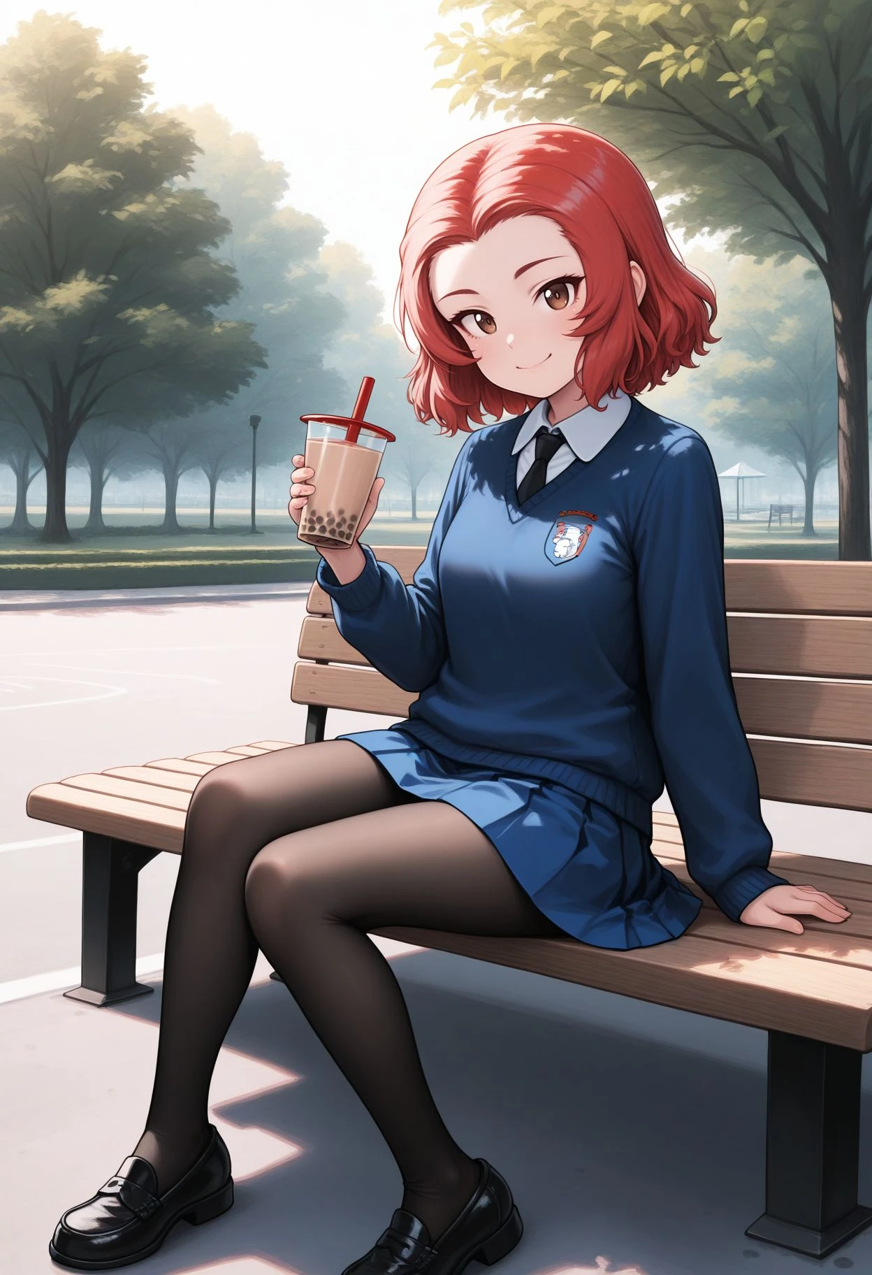 masterpiece,amazing quality,best quality,ultra-detailed,8K,illustration, amazing quality, newest, absurdres, realistic, (monochrome:0.8), hatching (texture), vivid colors ,perfect body, perfect face, rim lighting, 
<lora:Rosehip  illu:1> rsdef, 1girl, red hair, brown eyes, short hair,
sit, public park, bubble tea, holding, smile
,  bubble tea, black footwear, loafers, black pantyhose, pantyhose, blue skirt, long sleeves, shirt, black necktie, blue sweater, st. gloriana's school uniform,, 1girl, looking at viewer, smile,