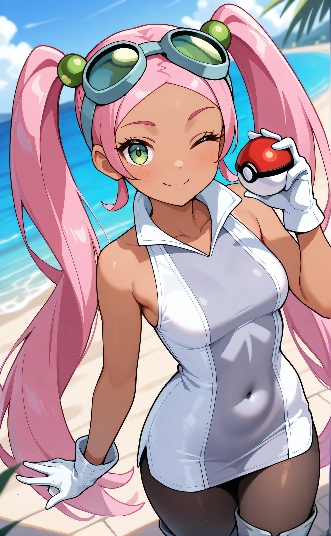 masterpiece, best quality, highres, newest, 1girl, <lora:Lovrina:1>, lovrina, lightly tanned, pink hair, green eyes, very long pigtails, goggles on head, green_bobble_ornaments, collarbone, short dress, grey stomach, sleeveless, white gloves, black pantyhose, grey thigh boots, looking at viewer, outdoor, cowboy shot, one eye closed, holding a pokeball, five fingers