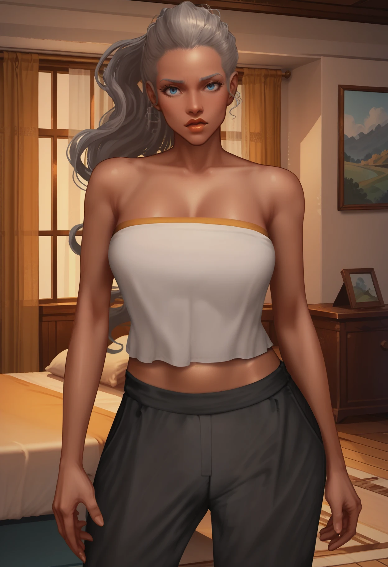 score_9, score_8_up, score_7_up, score_6_up, score_5_up, masterpiece, best quality, high detail, <lora:NM_tnh_Storm:1>, BREAK NM_tnh_Storm, 1girl, solo, blue eyes, dark-skinned female, dark skin, long hair, grey hair, ponytail, breasts, large breasts, lips, midriff, collarbone, tube top, cleavage, bare shoulders, strapless, pants, black pants, looking at viewer, indoors
