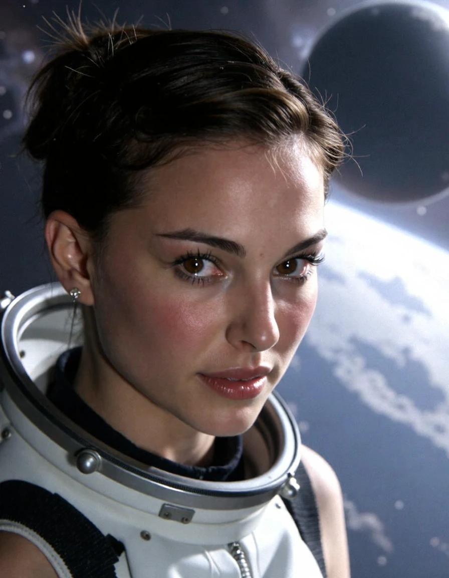 <lora:Natalie_Portman_Ca1999:1> woman Extremely Short Dark Spiked Hair, Space Walk, Space Suit, Floating In Space, A Massive Black Hole Is In The Background, Lighting Effects, Shadow Effects <Lora:zz_s_Fluxartis:0.5> A Highly Detailed Cinematic Photography.<Lora:zz_s_Stylish_Lighting:0.5>, Extreme Close-Up, Zoomed, Focus On Face, Centered, Macro Shot, Face Centered, Focus On Eyes, Looking Directly At The Viewer, Looking Directly At The Camera, Making Eye Contact, Looking Straight Ahead, <lora:zz_s_Chest_Size_Slider:-2> High Collar, Chest Covered