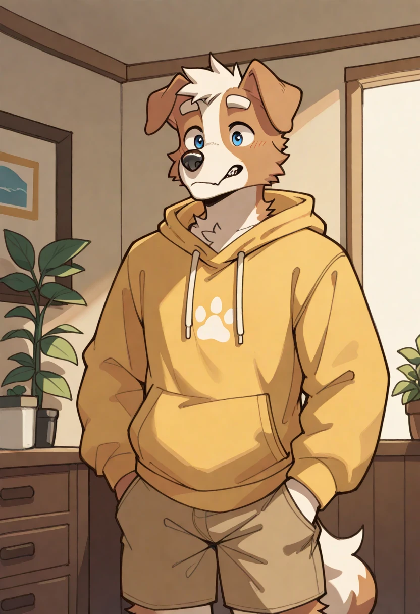 best quality, amazing quality, very aesthetic, absurdres, newest, michi_(oc), by gr3yyy, room, plants, BREAK
furry, 1boy, solo, furry male, male focus, furry, animal ears, dog ears, dog boy, yellow hoodie, brown shorts, <lora:Greyyy_Artist_Style_Illustrious:1>, <lora:Michi_OC_Illustrious:0.7>
