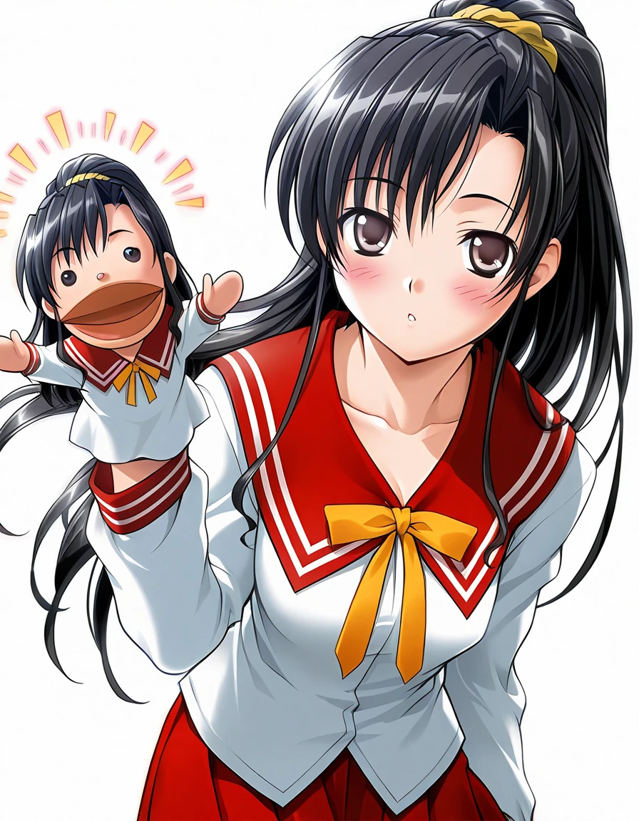 masterpiece, best quality, official art, amazing quality, ultra highres, very aesthetic, highly detailed, intricate,
1girl, solo, akira, black hair, narrowed eyes, beautiful detailed eyes,
akira_school_uniform, serafuku, red skirt, yellow ribbon,
staring, blush, looking at viewer, happy aura, BREAK
standing, hppt,hand puppet,
simple background, white background, upper body
<lora:hand_puppet_IL_v1:1> <lora:mizusima akira v1.0-000016:1>