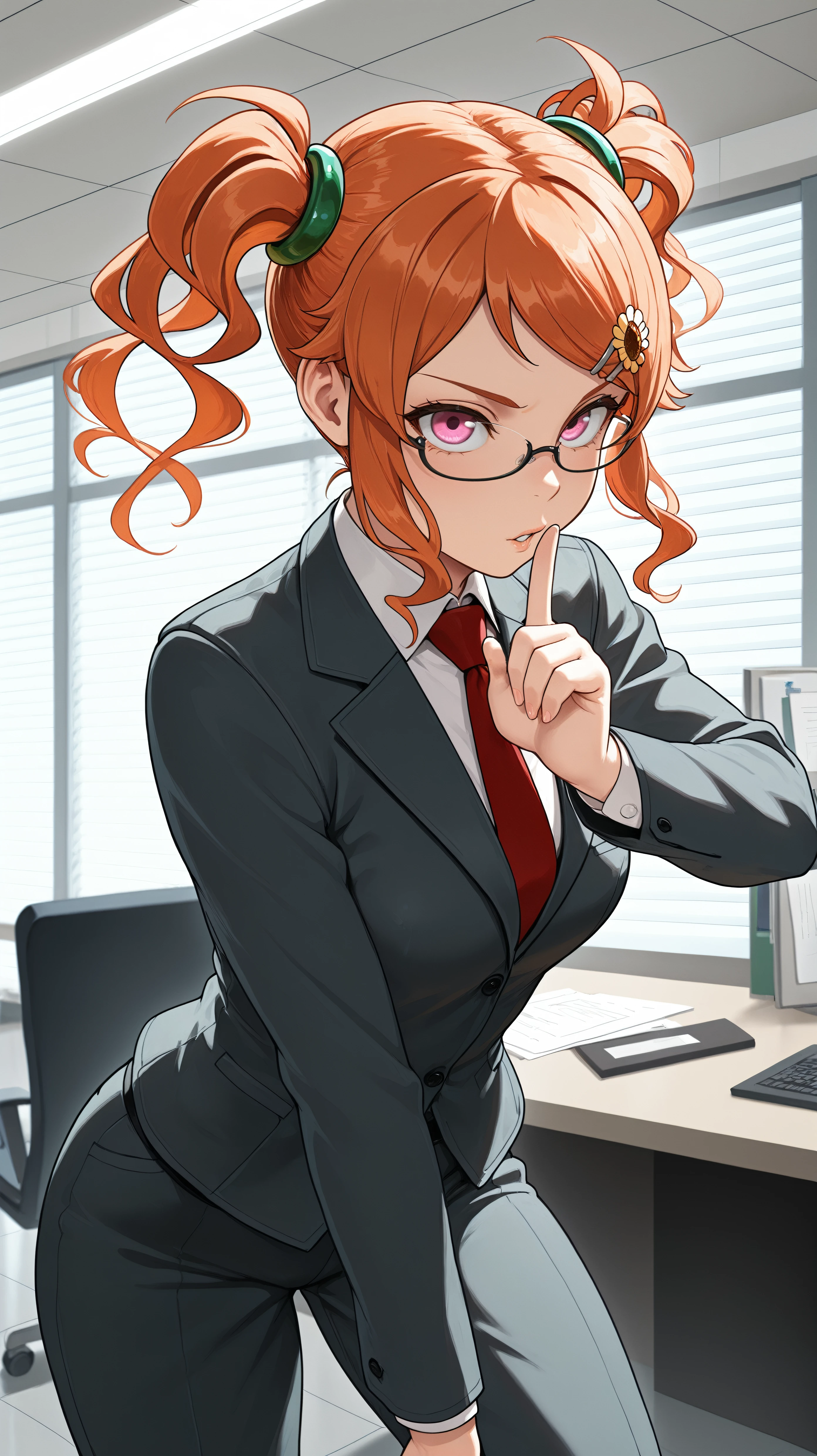 masterpiece, best quality, amazing quality, girl, dynamic pose, shushing, <lora:Gauche - Illu-000004:1>, orange hair, twintails, green hair rings, hair clip, pink eyes, uniform, suit and tie, office suit, office, secretary, glasses,