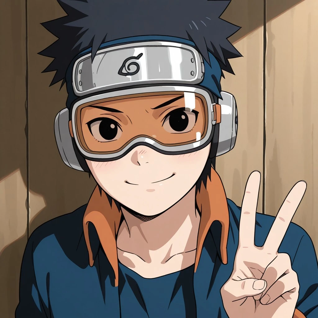 masterpiece, best quality, solo, break, obito_genin, 1boy, black hair, short hair, goggles, forehead protector, konohagakure symbol, jacket, open jacket, upper body focus, v, smile