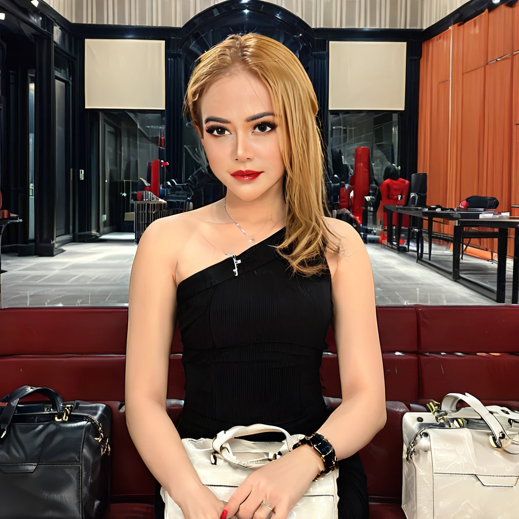 red nails, watch, indoors, bare shoulders, black eyes, blonde hair, bag