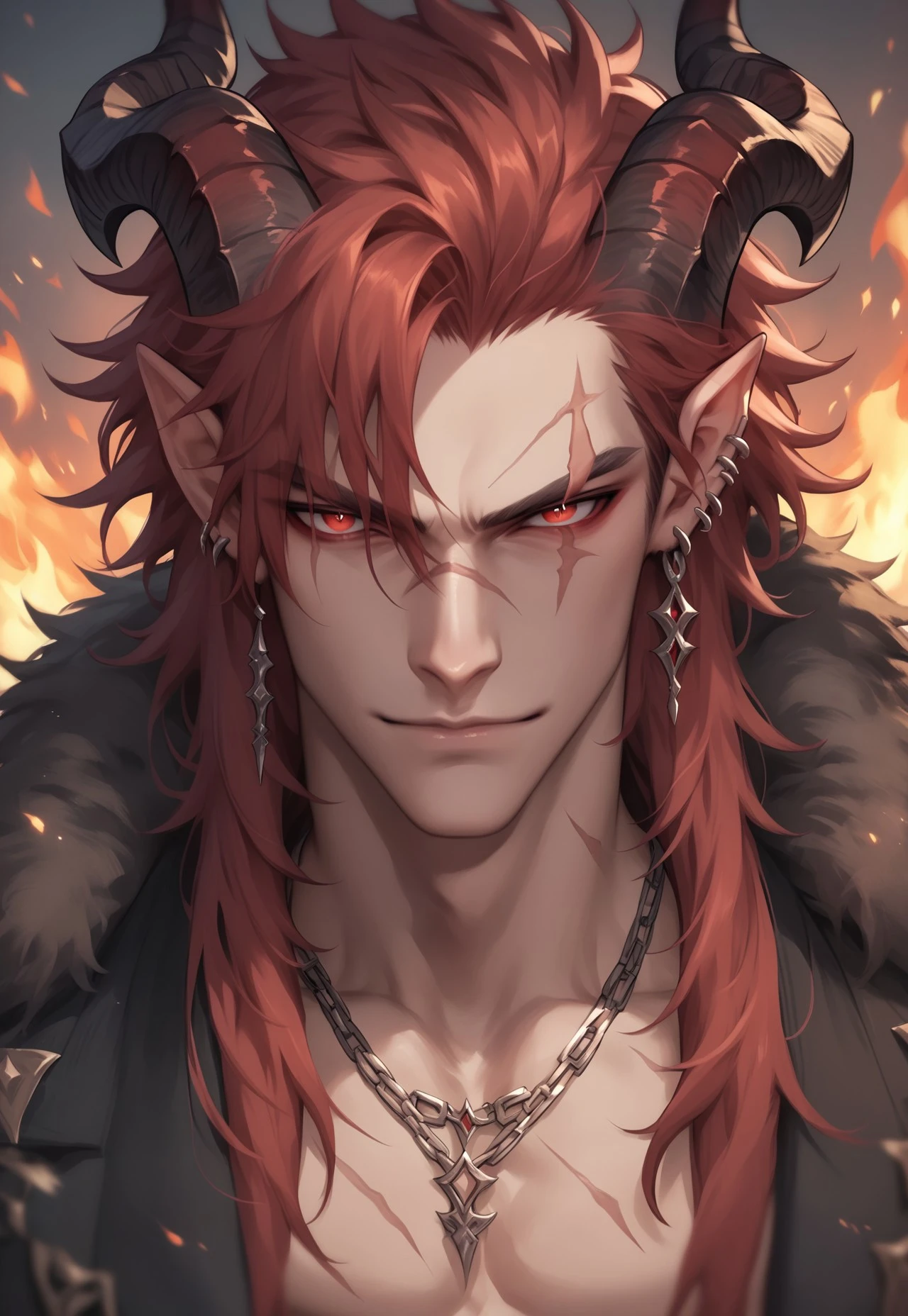 score_9, score_8_up, score_7_up, score_6_up, score_5_up, score_4_up, 32KM4G1C Style, 1boy, horns, male focus, jewelry, red eyes, solo, red hair, long hair, scar, earrings, looking at viewer, piercing, pointy ears, scar across eye, demon boy, necklace, demon horns, ear piercing, scar on face, portrait, embers, fur trim, fire