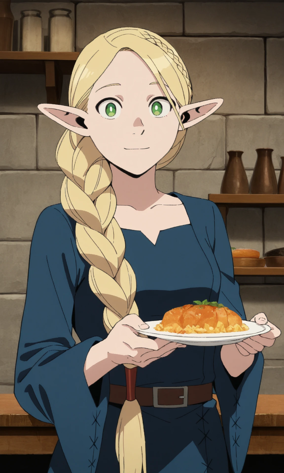 marcillemv, singlebraidhaircut, 1girl, solo, pointy ears, blonde hair, green eyes, blue dress, brown belt, furisode sleeves, holding plate, food, light smile, looking at viewer, upper body, dungeon, brick wall, shelf, table, 
(masterpiece, best quality:1.2), absurdres, highres, 