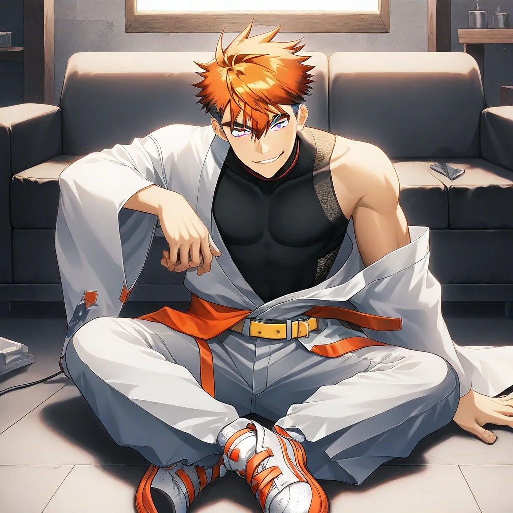 bara, solo, 1boy, ktmys, short hair, orange hair, two tone eyes, blue-and-pink eyes, toned male, spiked hair, hair between eyes, undercut, smirk, looking at viewer, sideways glance, three quarters view, BREAK, long sleeves white japanese clothes, black innershirt, sleeveless innershirt, (hadanugi dousa), hakama, yellow belt, white sneakers, sitting on floor, arm support behind, BREAK, indoors, studio, couch, leaning on object, BREAK, sfw, masterpiece, best quality, good quality, newest