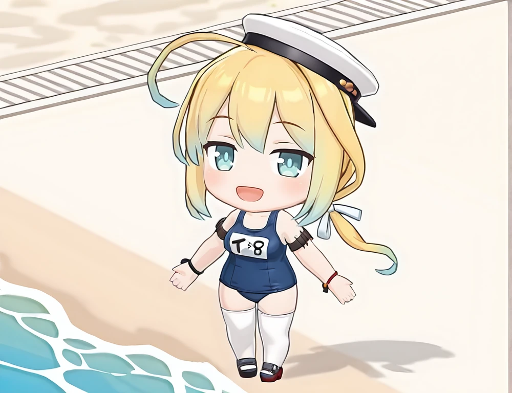 ( girl:1.5),chibi,2girls,long blonde hair tied with a string,navy blue swimsuit,beach,standing,laughing