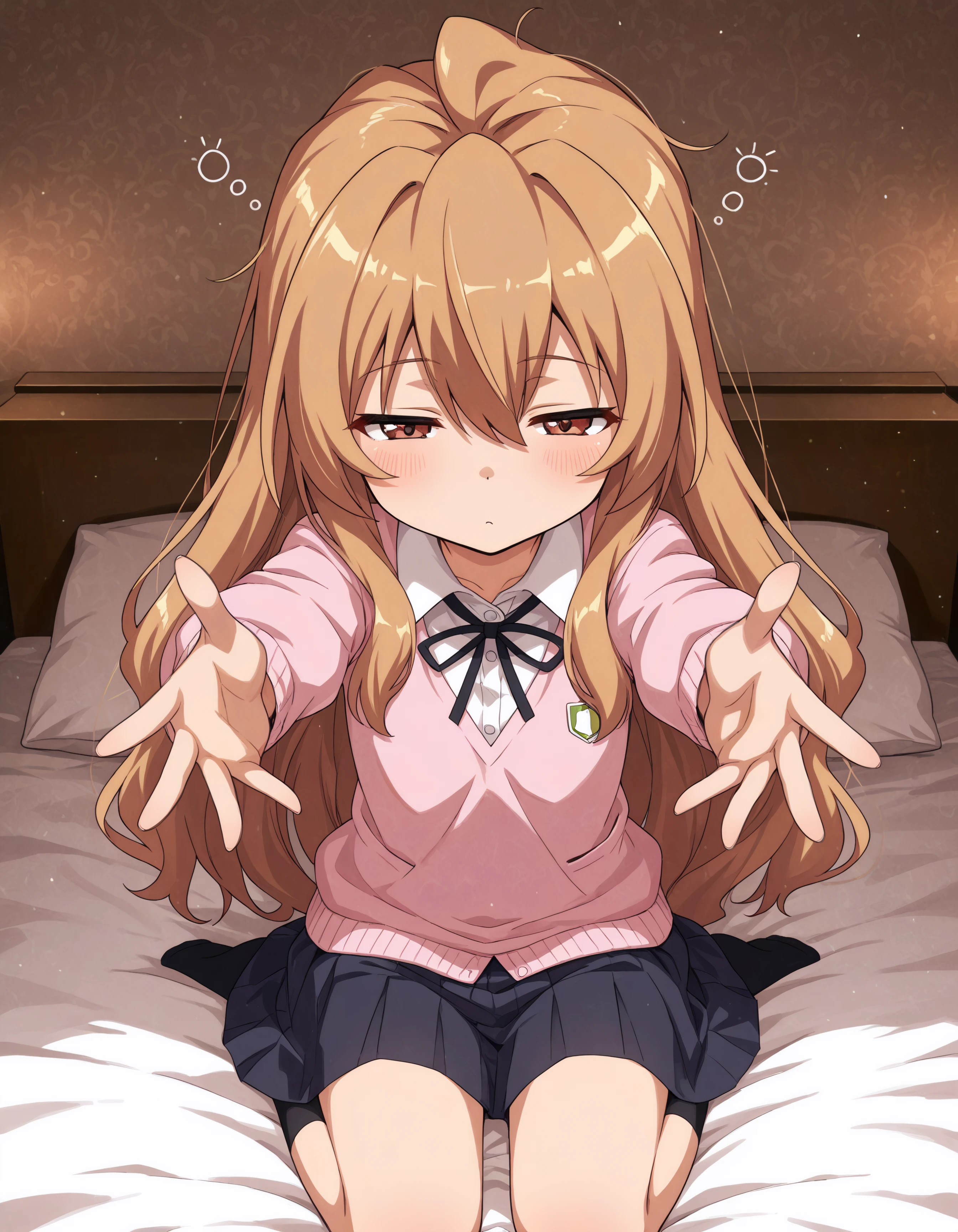 1girl, brown eyes, school uniform, tagai, light brown hair, long hair, full body shot, sitting on bed, wariza, pajyamas, eyes half closed, sleepy, incoming hug, ultra kawaii, hdr, low contrast,
masterpiece, best quality, absurdres, masterpiece, highres, perfect anatomy, anime style, anime screenshot, 8k wallpaper, ultra high quality, (extremely detailed cg), perfect lighting, (sharp image), dynamic angle