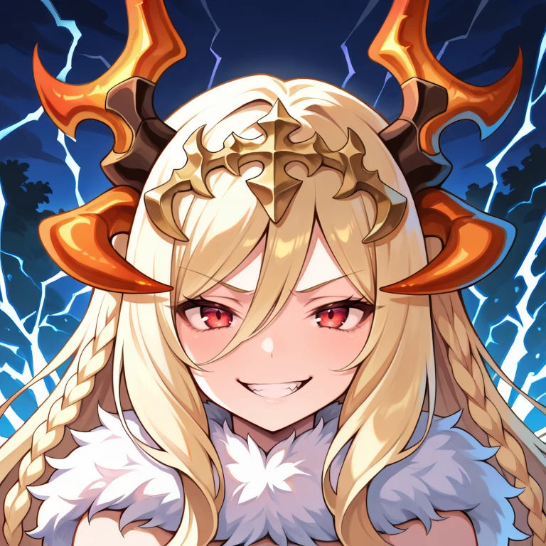 masterpiece, very aesthetic, absurdres, best quality, amazing quality, high resolution, newest, very awa, <lora:illustrious_quality_modifiers_masterpieces_v1:0.6> , looking at viewer, solo, <lora:Rize2IL:0.8> , rizdef, 1girl, red eyes, orange horns, long hair, blonde hair, braid, fur collar, headpiece, white feather boa, fur trim, (portrait), face focus, lightning, night, exterior, evil grin,