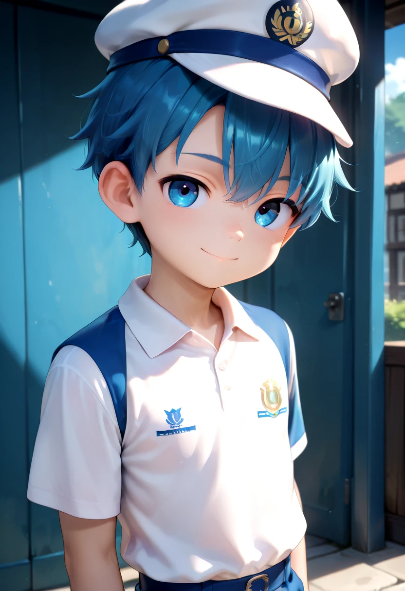 aoi, 1boy, (blue hair:1.2), polo shirt, smile, male, male focus, closed mouth, white mailman hat, blue eyes, looking at viewer,male, male focus, blue hair, outside, vivid colors, petite, cute, young, masterpiece, high quality, very_high_resolution, large_filesize, full color, detailed face, standing,white polo shirt, <lora:tbr/cutifiedanimecharacterdesign_style_Illustrious_V10:1.0>