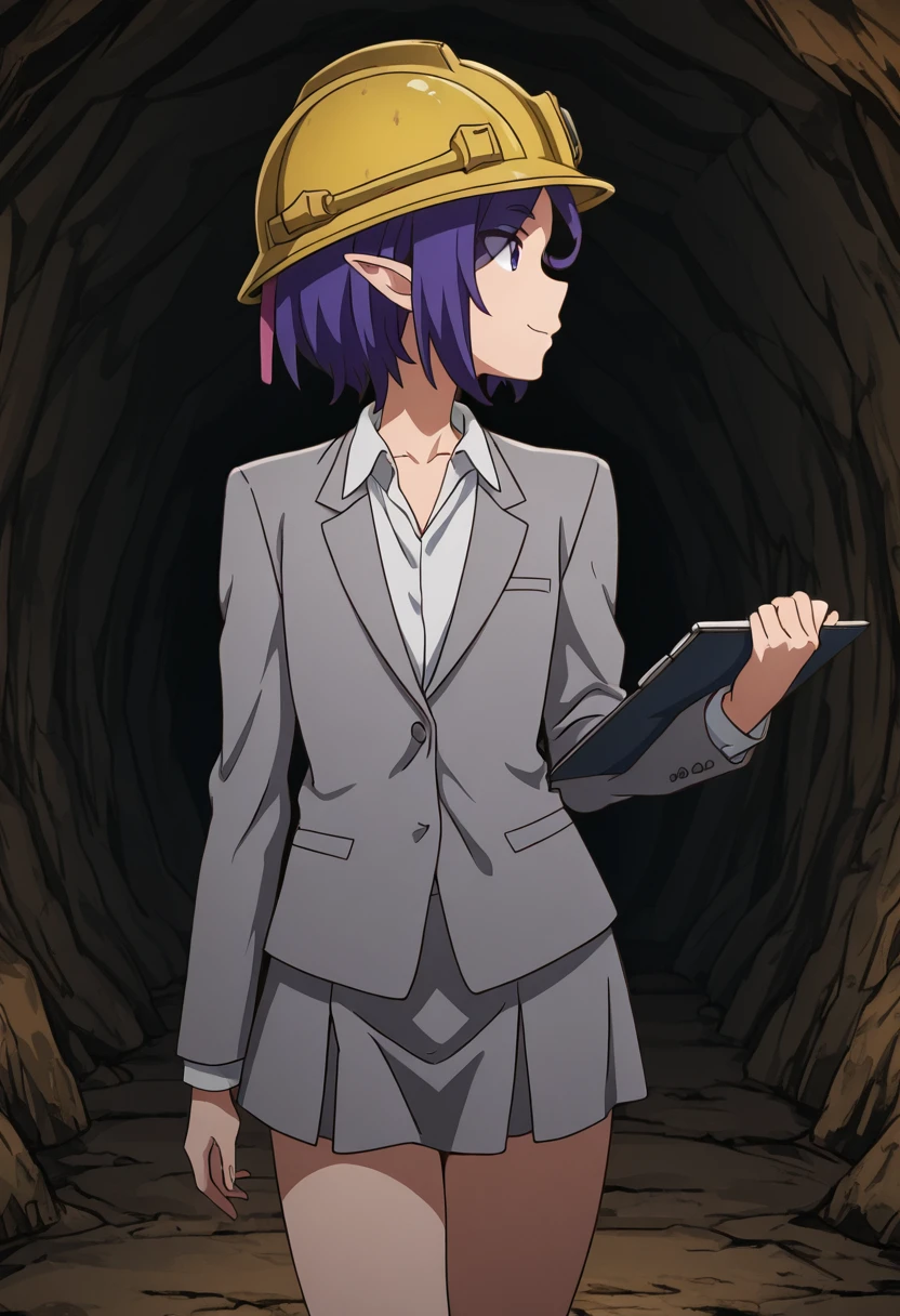 1boy, general, bcranga, solo, legs together, contrapposto, otoko no ko, grey miniskirt, grey suit jacket, white collared shirt, no necktie, collarbone, looking to the side, profile, yellow mining helmet, holding clipboard, cave interior, dungeon, smile, serious, absurdres, masterpiece, newest
<lora:Ranga__Langa_The_Dungeon_of_Black_Company__Meikyuu_Black_Company-000010:1>