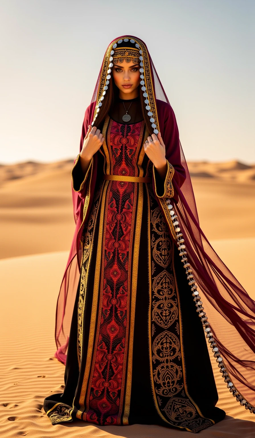 A fierce Bedouin woman stands tall against a vast desert backdrop, draped in Arabic traditional clothes featuring a richly embroidered thobe nashel with intricate talli embroidery in deep crimson and gold. A flowing shayla veil, adorned with silver bedlah coins, dances with the wind, while her abayah mashrabiya billows behind her. Her hands, decorated with henna, grip the edges of her garments, exuding power and mystery. The golden sunlight casts a warm glow, enhancing the cinematic depth and painterly textures, inspired by Jean-Léon Gérôme’s Orientalist masterpieces fused with high-fashion editorial photography.