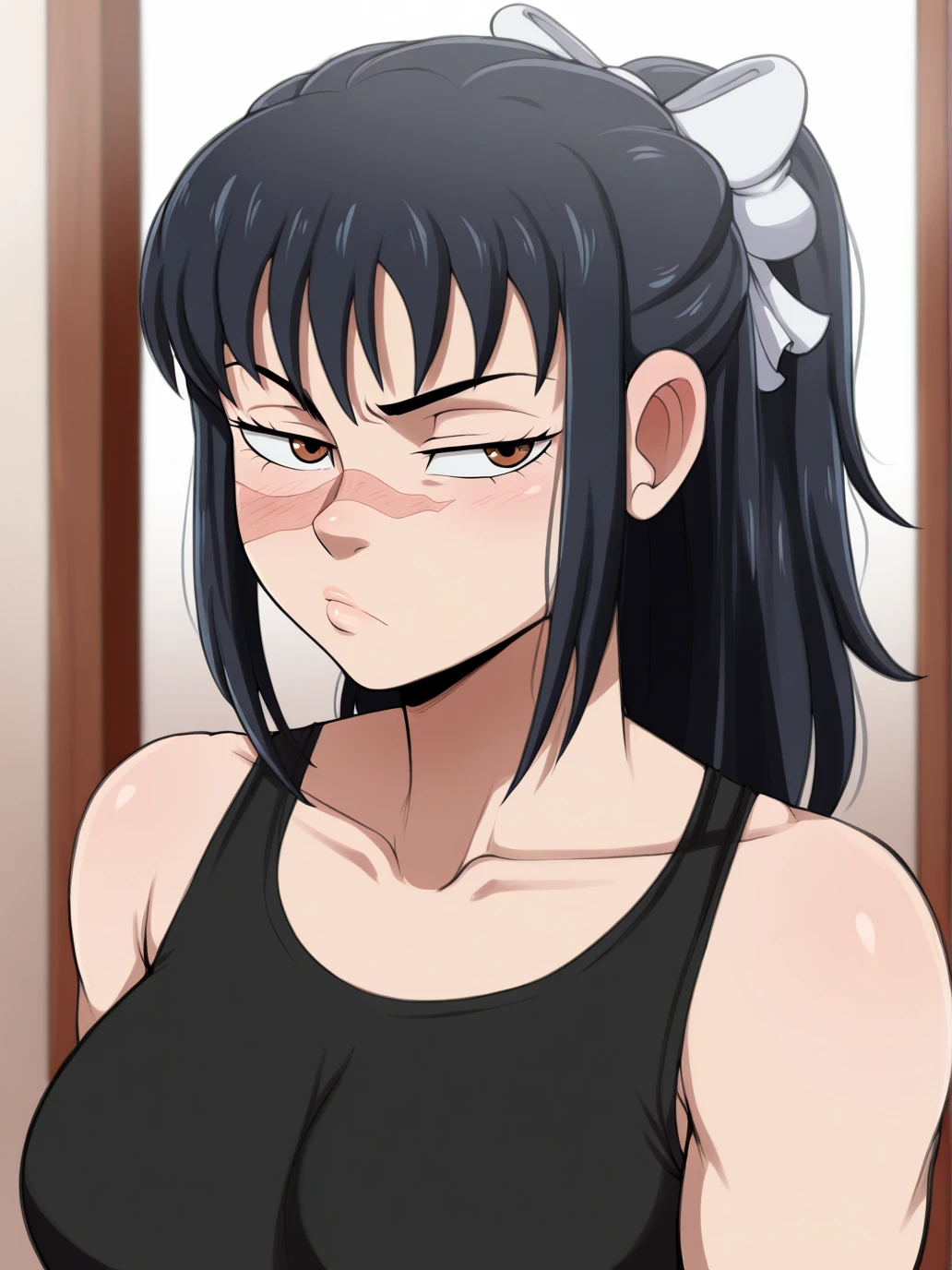 (masterpiece, amazing quality, best quality), <lora:blackwhiplash(bwl)-guy90-Illust-Lycorisv1:1>, blaash,
<lora:UtahimeIL:1>, iori utahime, 1girl, solo, long hair, black hair, ponytail, scar, scar on face, scar on nose, brown eyes,