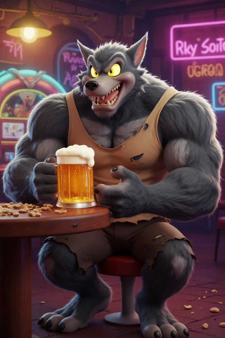 Looney Tunes-style character, a rogue werewolf named wolf McHow, with a muscular body and imposing appearance, but still with the comical and exaggerated style of the classic animations. His fur is gray and shaggy, with bright yellow eyes and a mischievous expression. He wears a torn shirt and ragged pants. The Wolf sits in a cartoonish bar, holding a mug of foaming beer, with his werewolf body showing strength, but with the humorous tone characteristic of the Looney Tunes. The visual is in 3D, with details in the muscles and realistic textures, but still with the vibrant and colorful style of the animations. The background includes neon lights, a jukebox playing and peanut shells on the floor.