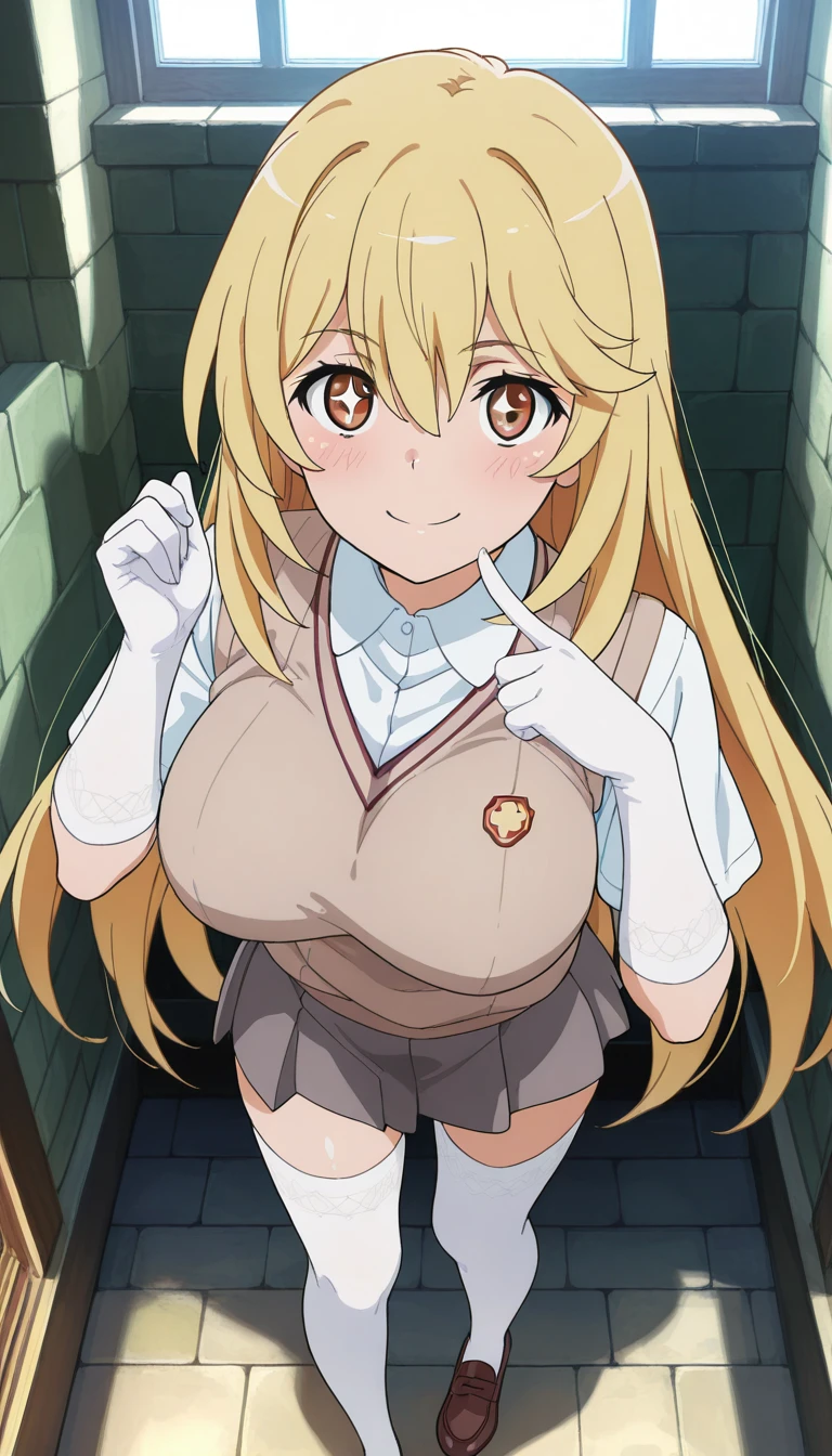 (masterpiece),best quality,amazing quality,very aesthetic,absurdres,newest,perfect body,shiny skin,perfect eyes,detail1eye,well-defined fingers,well-defined fingernails,anime style,indoors,1girl,solo,upper body,(portrait:1.5),looking at viewer,facing viewer,smile,blush,Shokuho Misaki,long hair,blonde hair,sidelocks,hair between eyes,parted bangs,brown eyes,sparkling eyes,tokiwadai school uniform,brown sweater vest,white shirt,collared shirt,short sleeves,elbow gloves,white gloves,large breasts,miniskirt,grey skirt,pleated skirt,zettai ryouiki,white thighhighs,loafers,<lora:Shokuho Misaki(tkr)-Illus:1.6>,