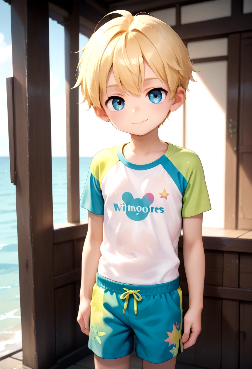 sota, 1boy, (blonde hair:1.2), colorful rashguard, long swimming trunks, happy, male, male focus, closed mouth, looking at viewer,male, male focus, petite, vivid colors, petite, cute, young, masterpiece, high quality, very_high_resolution, large_filesize, full color, detailed face,, <lora:tbr/cutifiedanimecharacterdesign_style_Illustrious_V10:1.0>