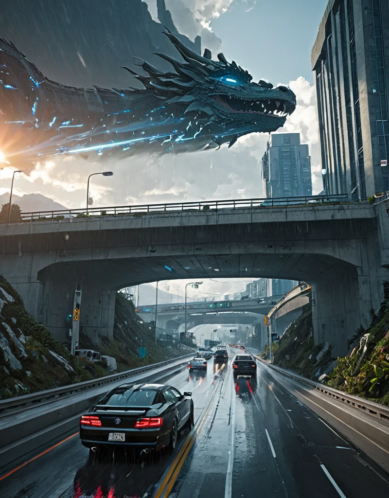 <lora:City_Worlds-1:1> realistic photo of citybkg, cyberpunk, day, clouds, sunny, ambiance, detailed, futuristic, elevated highway, street, high buildings, houses, vegetation, ambiance, day, clouds, very detailed, elevated highway, design buildings, futuristic, very low side view, high buildings, illuminated, city lights, reflections, car rear, mist, motion blur, speed, wet, rain, sunset, sun shades, snow storm, mountain roads, tunnel, dragon