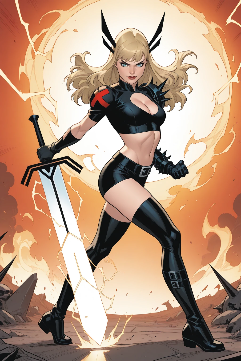 masterpiece, good quality, best quality, very awa, very as2, absurdres, highres
<lora:Magik ModernilluLoRA:1>Trigger : mgik, long hair, hair ornament, crop top, single glove, single gauntlet, shorts, midriff, belt, thighhighs, spikes, cleavage cutout, single shoulder armor, boots, sword, huge weapon, holding sword, fire, electricity, fighting stance, dynamic pose, slashing, demons, smile
<lora:Carlos GomezStyleilluLYCO:1> cgstyle, (borderless), full body,