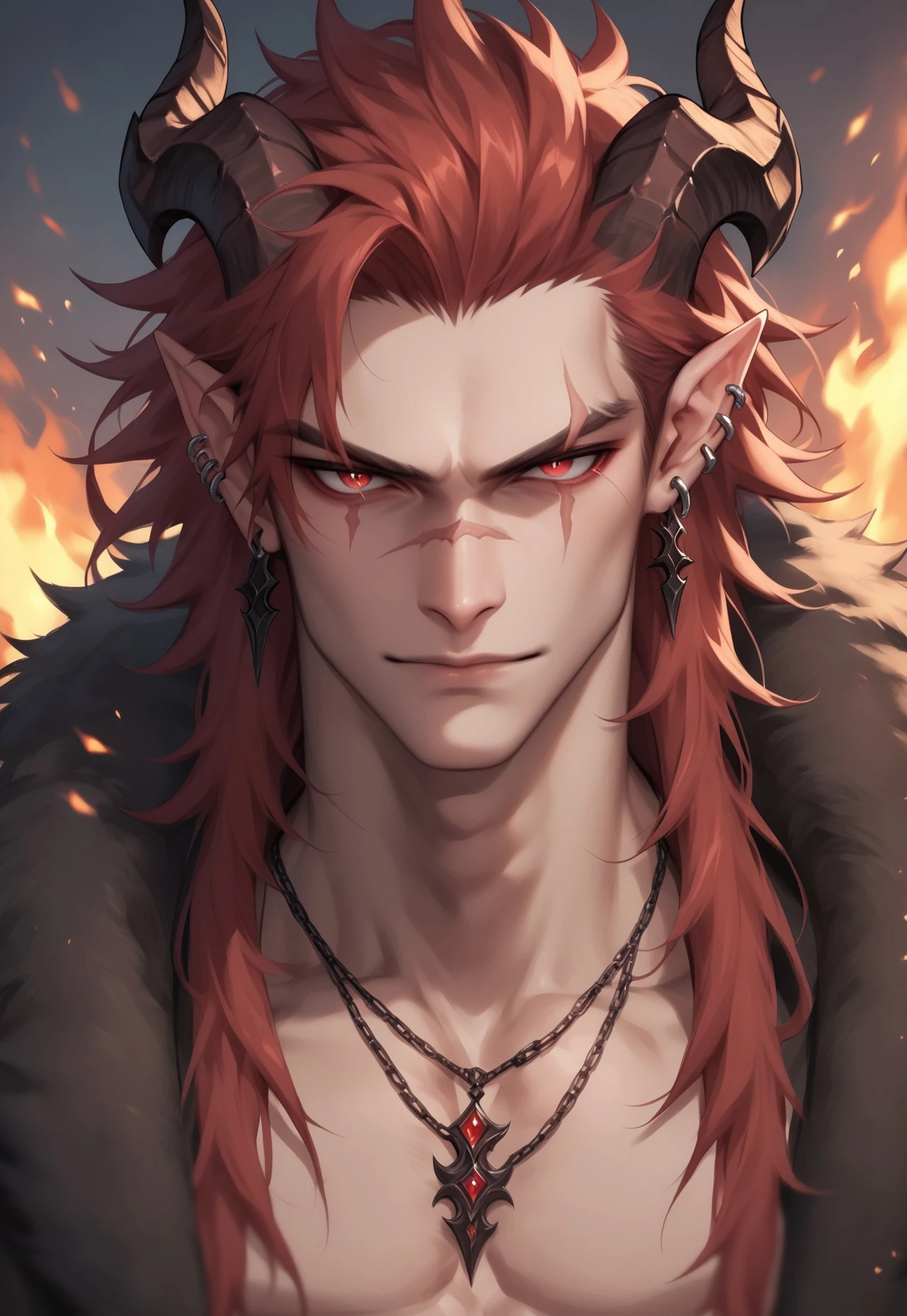 score_9, score_8_up, score_7_up, score_6_up, score_5_up, score_4_up, 32KM4G1C Style, 1boy, horns, male focus, jewelry, red eyes, solo, red hair, long hair, scar, earrings, looking at viewer, piercing, pointy ears, scar across eye, demon boy, necklace, demon horns, ear piercing, scar on face, portrait, embers, fur trim, fire