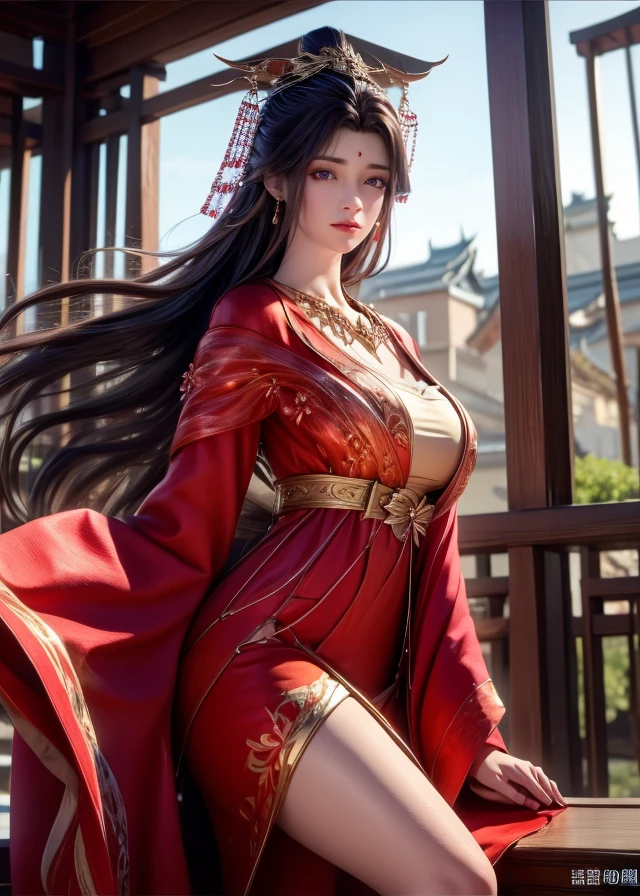 Reality, high resolution, 1 female, Mature female, Solitary, Huge Breasts,Showing cleavage,Hips up, Long hair, Hair accessories,earrings,Red Dress,Chinese clothes,necklace,Wide sleeves,sash,forehead gem