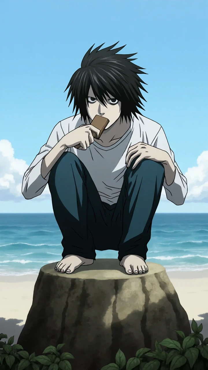 L!, L from DeathNote, full body portrait of L crouching on top of a rock at the beach, he is in a squatting posistion and eating a chocolate bar