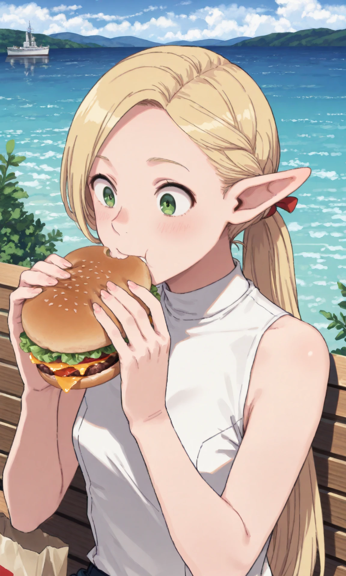 marcillemv, lowponytailhaircut, 1girl, solo, pointy ears, blonde hair, green eyes, scenery, upper body, contemporary, fast food bag, bench, sleeveless shirt, eating burger, park, bench, sitting, outdoors, mature female, small breasts, ocean, mountainous horizon, ship,
(masterpiece, best quality:1.2), absurdres, highres,