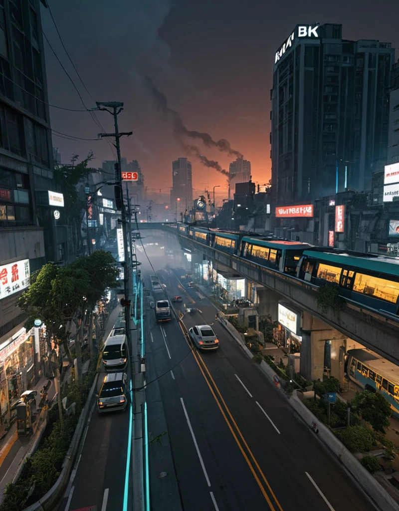 <lora:City_Worlds-1:1> citybkg, cyberpunk, photo, sunset, ambiance, detailed, streets, elevated street, traffic, futuristic, elevated highway, ground view, high buildings, low buildings, buildings under highway, street marking, electric poles, vegetation, smoke, mist, shops, kanji, design buildings, illuminated, people, buses, from side,