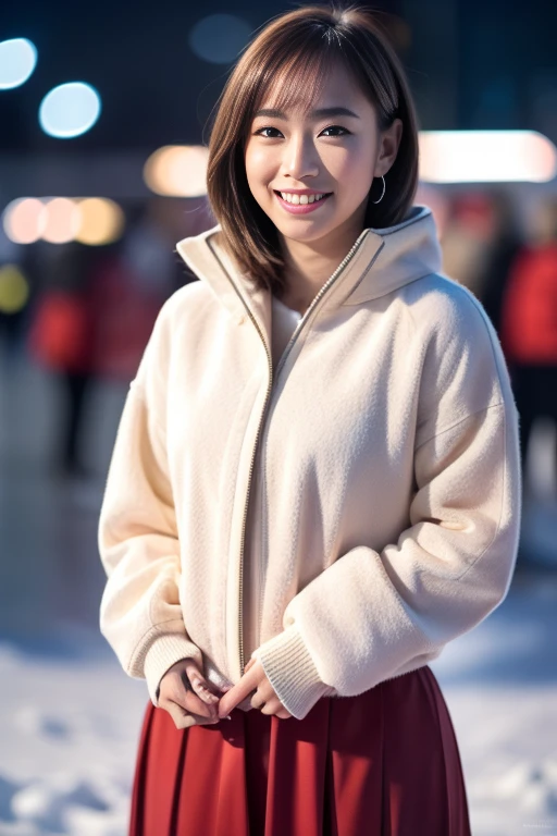 1girl,,(RAW photo, best quality), (realistic, photo-realistic:1.4), masterpiece, an extremely delicate and beautiful, extremely detailed, 2k wallpaper, Amazing, finely detail, extremely detailed CG unity 8k wallpaper, ultra-detailed, highres, soft light, beautiful detailed girl, extremely detailed eyes and face, beautiful detailed nose, beautiful detailed eyes,cinematic lighting,perfect anatomy,slender body
(at a park), (winter scenery),(snow park in the background), Sapporo Odori Park Winter Festival, festival lights (bokeh)
(wearing winter jacket) (long skirt)
(smile)
<lora:chest size:-1>
<lora:ishikawakasumi_lora:0.8>