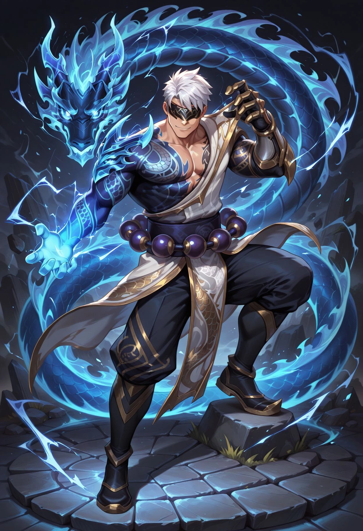 white background,bara,male,muscular,solo,full body,fighting stance,hand up,(knee up:1.3),smirk,stone floor,
one blue arm,blue eastern dragon,glowing,storm-dragon-lee-sin,tattoo,white hair,large beads around waist,blindfold,hand up,knee up,
male focus,perfect anatomy,masterpiece,perfect quality,best quality,detailed,newest,very aesthetic,
<lora:hand 5.5:1>,<lora:4k:1>,<lora:storm_dragon_lee_sin:0.9>,