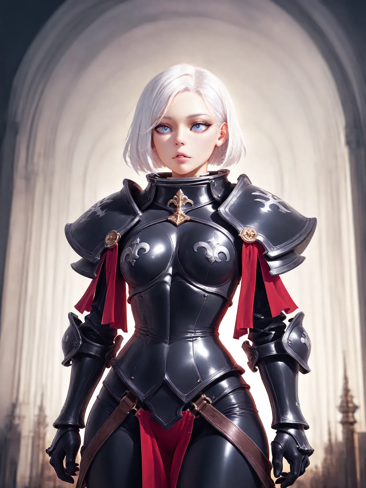 1girl, nslacka <lora:LoconLohaNslacka_loconV10:0.9>, fantasy metal spike armor, small breasts, short hair, blunt bangs, loose clothes, pauldrons, gauntlets, greaves, standing at attention