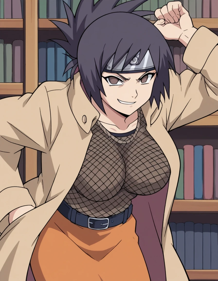 score_9, score_8_up, score_7_up, source_anime, <lora:anko-mitarashi-shippuden-ponyxl-lora-nochekaiser:1>, anko mitarashi, black hair, brown eyes, forehead protector, folded ponytail, large breasts, anime screepcap, blank eyes,, skirt, long sleeves, open clothes, belt, coat, fishnets, open coat, orange skirt, miniskirt, fishnet bodystocking, library, shelves, books, tables, quiet, , bent over, smug,, looking at viewer, solo,, cowboy shot, solo