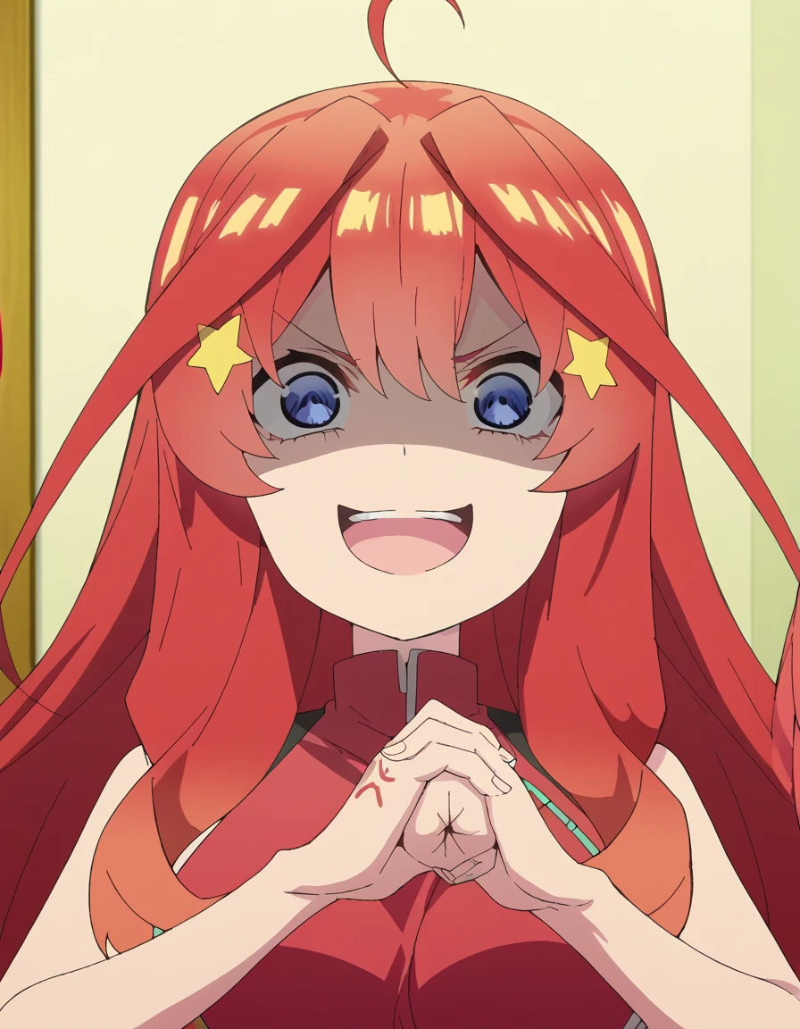 score_9, score_8_up, score_7_up, source_anime, <lora:itsuki-nakano-s2-ponyxl-lora-nochekaiser:1>, itsuki nakano, bangs, long hair, blue eyes, hair between eyes, ahoge, red hair, star (symbol), hair ornament, star hair ornament, large breasts, anime screencap, <lora:cracking-knuckles-ponyxl-lora-nochekaiser:1>, cracking knuckles, shaded face, open mouth, looking at viewer, looking down, fist in hand, own hands together, anger vein, false smile, ,