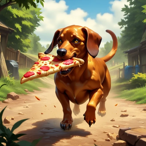FantasyCardd-V1.0 style illustration that features a dachshund running away with a big slice of pizza in his mouth