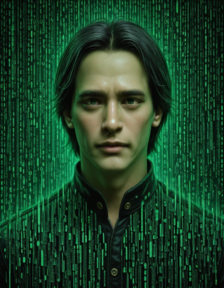 om0atrix0, 1boy, solo, male focus, black hair, realistic, green theme, glitch
