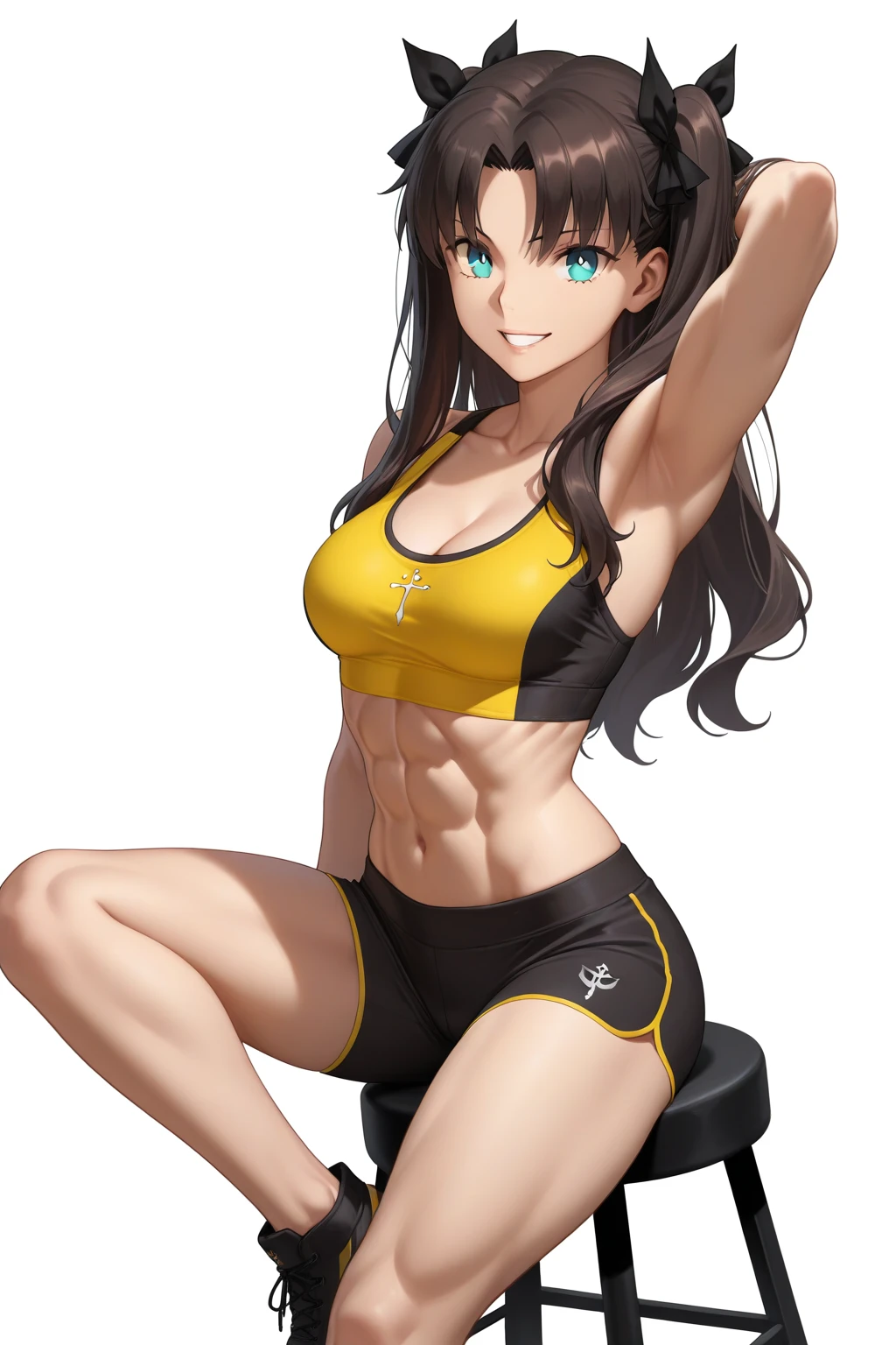 masterpiece, best quality, absurdres, tohsaka rin, fate \(series\), 1girl, abs, alternate costume, aqua eyes, arm up, armpits, biceps, black footwear, black ribbon, black shorts, black sports bra, breasts, bright pupils, brown hair, cleavage, collarbone, grin, hair ribbon, lips, long hair, looking at viewer, medium breasts, navel, on stool, ribbon, shorts, simple background, sitting, smile, solo, sports bra, stomach, toned, toned female, two-tone sports bra, white background, white pupils, yellow sports bra