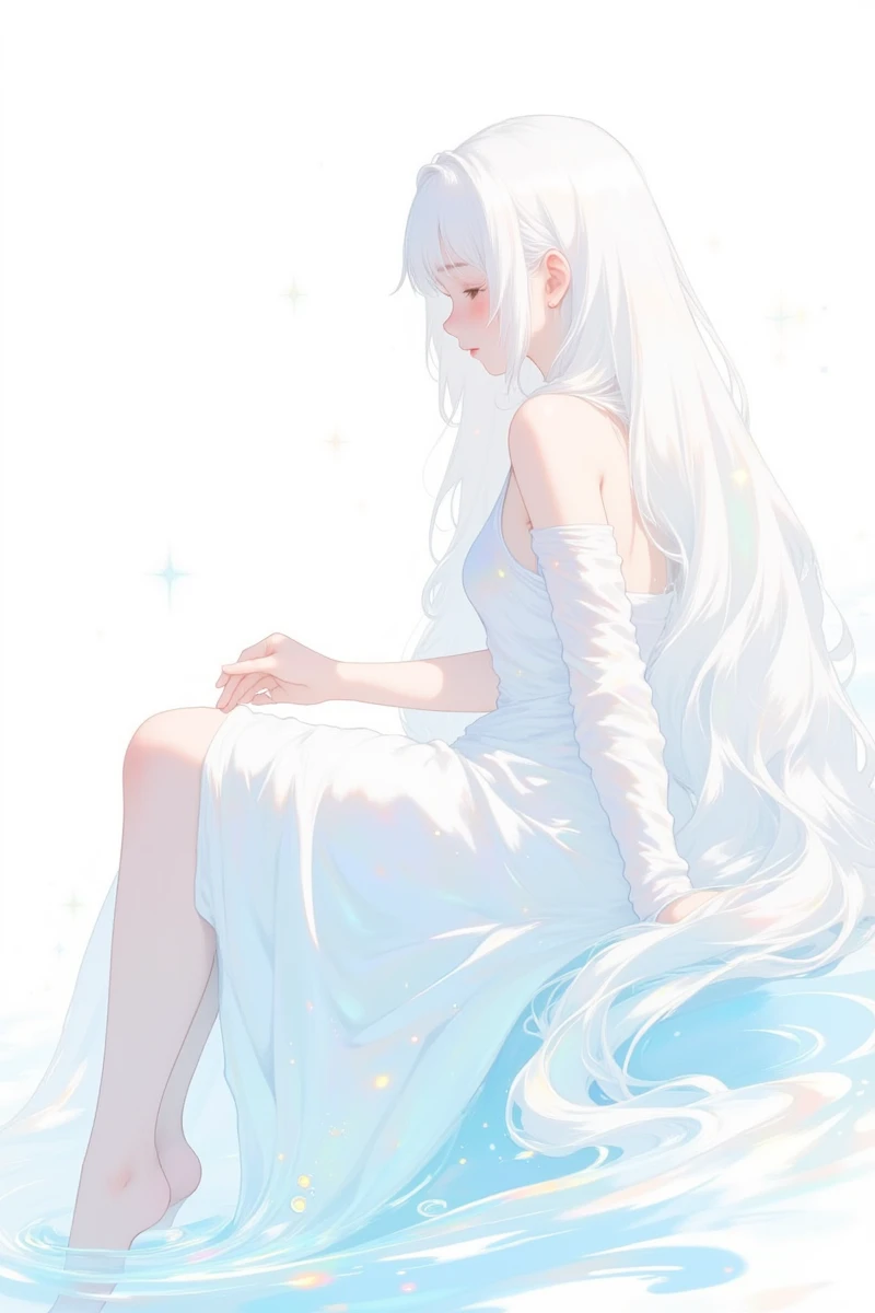 Be_luminous,Anime_Era,Sci-fi_fantasy_illustration,long hair, 1girl, dress, white dress, water, bare shoulders, original, white hair, sitting, sfw, bare arms, solo, closed mouth, looking to the side, bare back, very long hair, looking down, from side, long sleeves, bare legs, parted lips, white background, upper body, water drop, bangs, simple background, sparkles, hair between eyes, barefoot, sleeveless