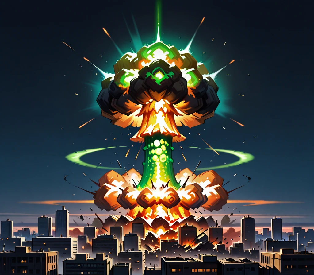 masterpiece, best quality, extremely detailed, realistic lighting, night, lens flare,
no_humans,
Nuclear Explosion,
<lora:Nuclear_Explosion-000010:1>,
city, destruction, glow, green nuke,