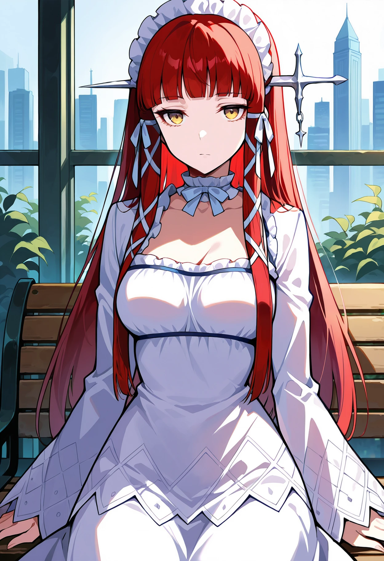 (masterwork, masterpiece, best quality, hyper-detailed :1.3),
1 girl, solo,
p3chidori, yellow eyes, red hair, long hair, blunt bangs, headdress, hair tubes, hair ribbon, choker, ribbon choker, dress, white dress, long sleeve dress, long sleeves, frills,
expressionless, looking at viewer, sitting, cityscape, greenery, bench, cowboy shot,