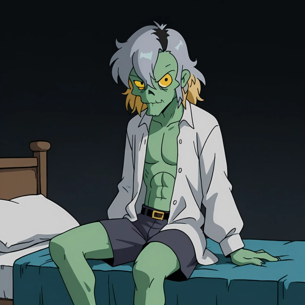 full body drawing, tall, early 20s, athletic, twink; handsome, male zombie; (((green skin))); broken clothes; abs visible; wearing shorts; drooling; empty stare; braindead; animalistic; looking at viewer; piercings; tattoos; open mouth; mohican messy hair; in anime style; high quality; detailed, realistic; 4k, 8k, masterpiece, very well drawn face, face best drawn, crawling on the floor towards viewer; very close to viewer; touching viewer; dark room; high angle perspective; highest quality, 4k, 8k, masterpiece, very well drawn hands; very well drawn face
