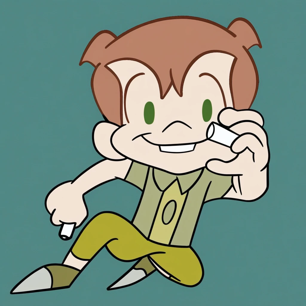 Masterpiece, 1boy, solo, male focus, cute boy, Rudy Tabootie, Brown Hair, Green Eyes, Buck Teeth, Green Collared Shirt, Tan Shorts, Grey Shoes, chalk, holding chalk, big smile, official style