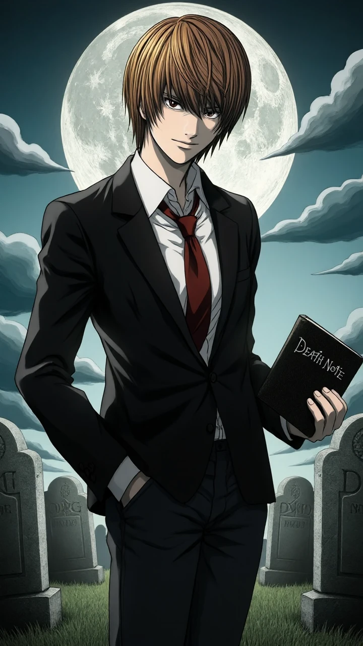 L!ght, Light Yagami from DeathNote, full body portrait of light standing in front of a grave in a cemetary, he is hold a black notebook that says "Death Note" on the cover up to the camera